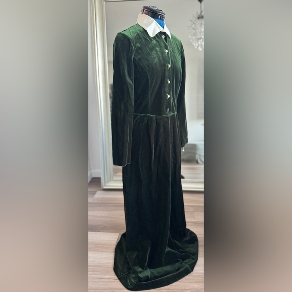 Vintage Button Down Shirt Dress Hunter Green Velour Velvet Lolita Goth - Picture 9 of 11